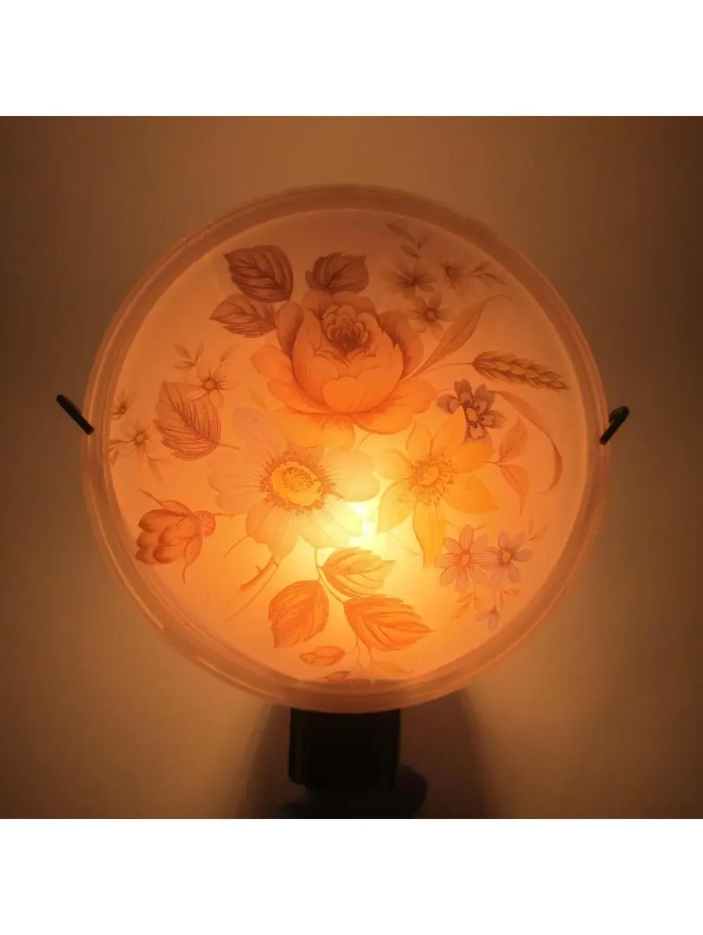 Vintage Floral Plug-in Night Light Pink Glass Shade Yellow Blue Flowers WORKS